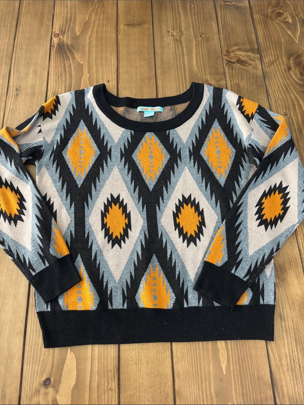 Flying Tomato Boho Diamond Crewneck Sweater - Yellow & Black